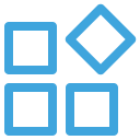 Een blauw pictogram met drie effen vierkanten en een gekanteld vierkant (ruitvorm) in een rasterpatroon, als symbool voor een app- of menunetwerk - ideaal voor het beheren van Airco- of Warmtepomp-systeemregelingen.