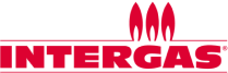 Rood Intergas-logo met drie rode verticale vormen boven het woord INTERGAS in vette hoofdletters, een rode lijn eronder en de naam Yas Installatie die geassocieerd wordt met vertrouwde verwarmingsoplossingen.
