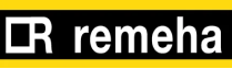 De afbeelding toont het Remeha logo met een gestileerde witte R in een vierkant, gevolgd door "remeha" in kleine witte letters, alles op een zwarte achtergrond met gele randen, gepresenteerd door Yas Installatie.