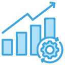 Een blauw pictogram van een staafdiagram met vier oplopende balken, een pijl omhoog boven de balken en een tandwielsymbool ervoor, dat staat voor groei, vooruitgang, instellingen of optimalisatie voor Airco- of Warmtepomp-systemen.