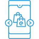 Blauwe lijntekening van een smartphone met twee boodschappentassen, met pijlen naar links en rechts naast de telefoon, symboliseert online winkelen of e-commerce navigatie, perfect voor airco-opslag retailers.