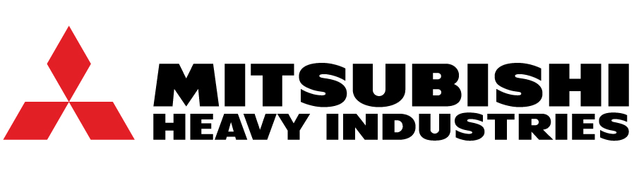Mitsubishi Heavy Industries logo met drie rode ruitvormen die een driehoek vormen links van de vetgedrukte zwarte tekst MITSUBISHI HEAVY INDUSTRIES, zoals te zien op apparatuur van Yas Installatie.