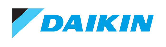 Daikin-logo met een blauwe en zwarte diagonale vorm aan de linkerkant, die de expertise op het gebied van airco-installaties symboliseert, en het woord DAIKIN in vette blauwe hoofdletters aan de rechterkant.