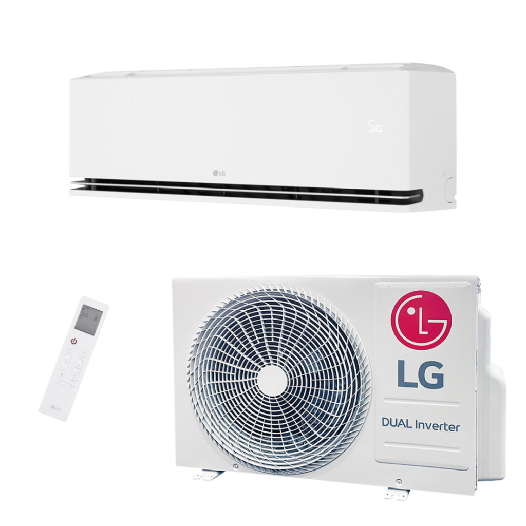 Een LG dual inverter airconditioner set, perfect voor je airco installatie, bevat een witte wand gemonteerde binnenunit, een buitenunit met ventilator en LG logo, plus een afstandsbediening.