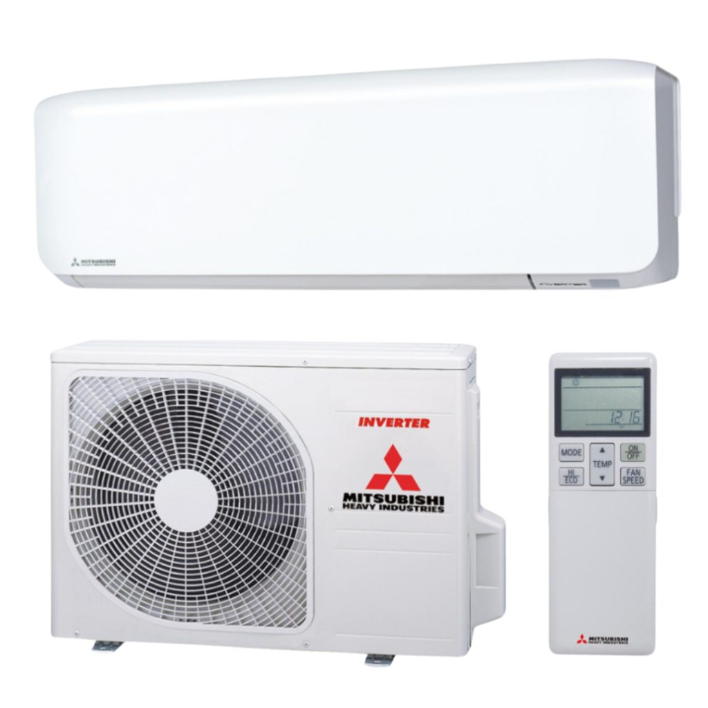 Een Mitsubishi airco installatieset, bestaande uit een witte binnenunit voor wandmontage, een condensorunit voor buiten met een ventilator en een afstandsbediening met instellingen.