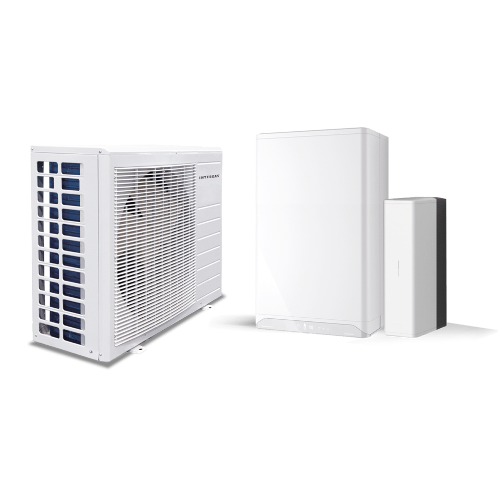 Er worden drie witte elektronische apparaten getoond: links een hybride warmtepomp installatie buitenunit, in het midden een rechthoekig bedieningspaneel en rechts een kleiner, slank apparaat, allemaal tegen een witte achtergrond.