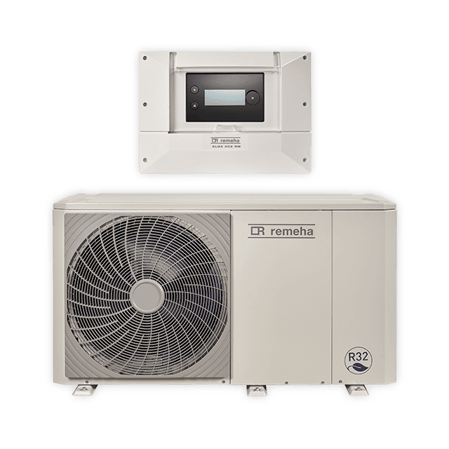 Een witte Remeha buitenairco of hybride warmtepomp installatie-unit met een zichtbare ventilator, gekoppeld aan een rechthoekig wandbedieningspaneel erboven. Beide apparaten zijn afgebeeld tegen een effen achtergrond.